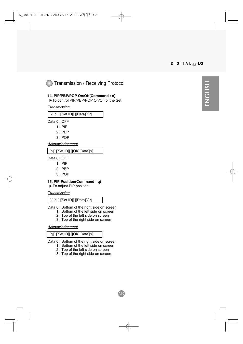 English, Transmission / receiving protocol | LG M3700C-BA User Manual | Page 52 / 60