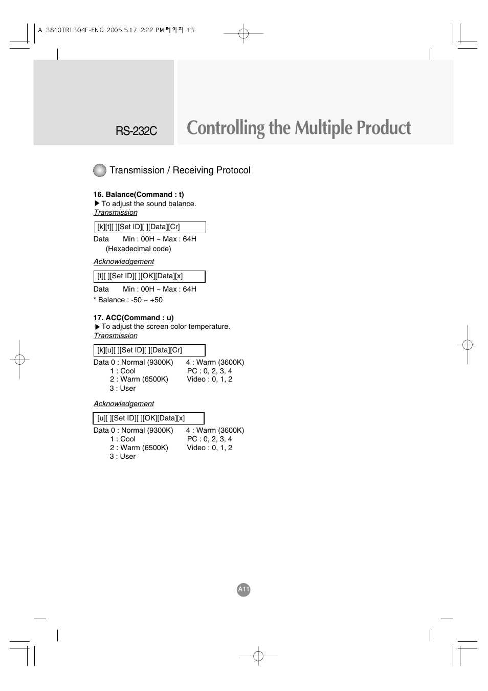 Controlling the multiple product, Rs-232c, Transmission / receiving protocol | LG M3700C-BA User Manual | Page 53 / 60