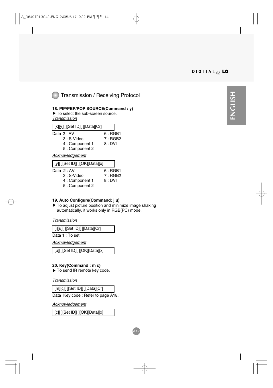 English, Transmission / receiving protocol | LG M3700C-BA User Manual | Page 54 / 60