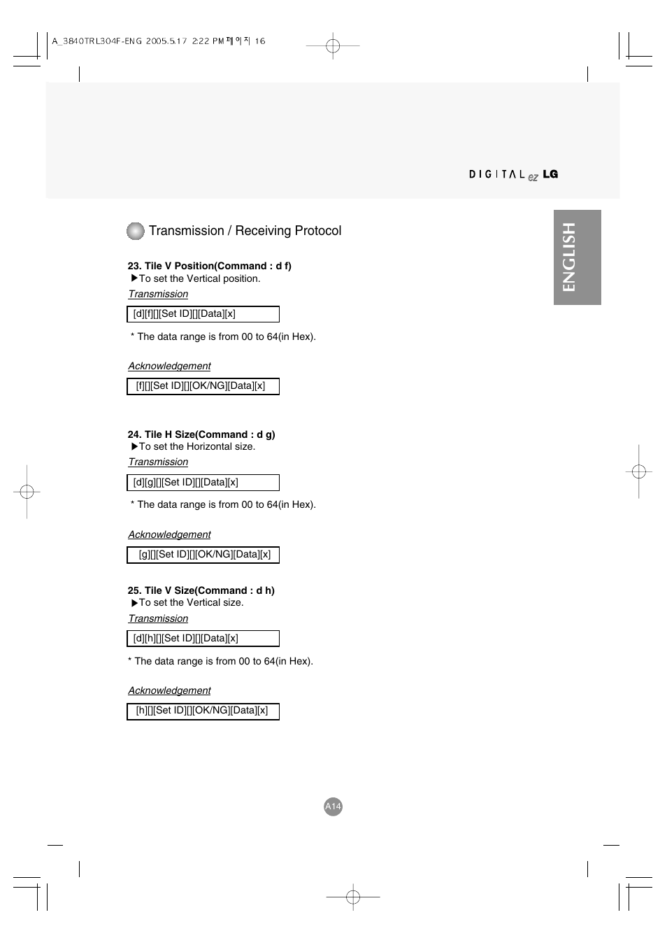 English, Transmission / receiving protocol | LG M3700C-BA User Manual | Page 56 / 60