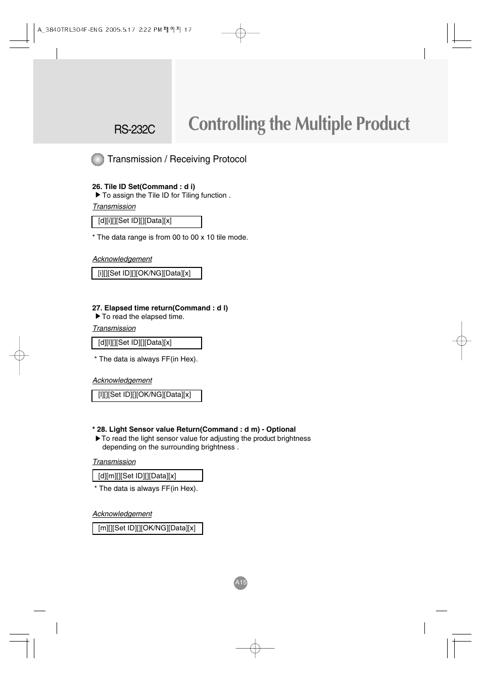 Controlling the multiple product, Rs-232c, Transmission / receiving protocol | LG M3700C-BA User Manual | Page 57 / 60