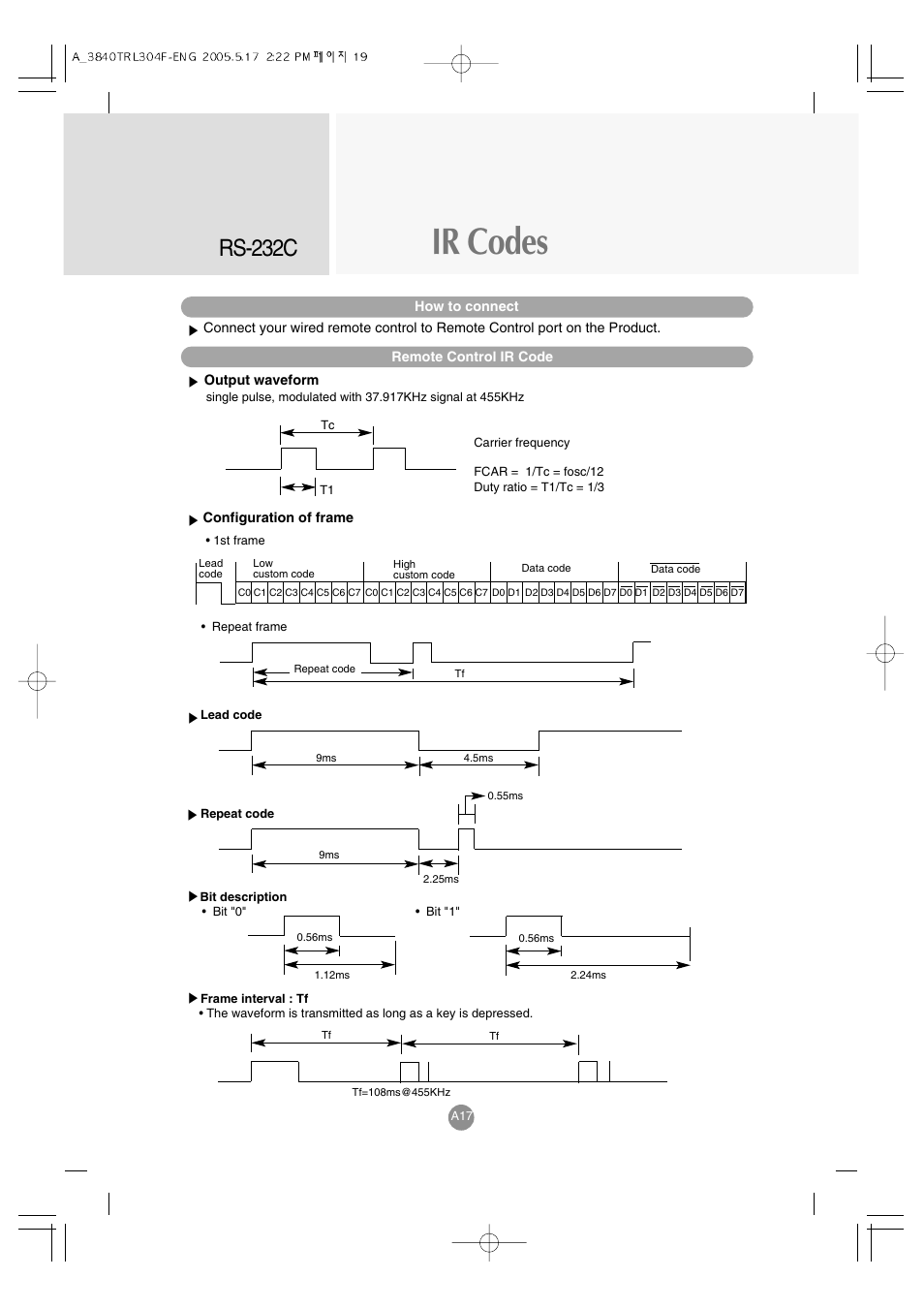 Ir codes, Rs-232c | LG M3700C-BA User Manual | Page 59 / 60