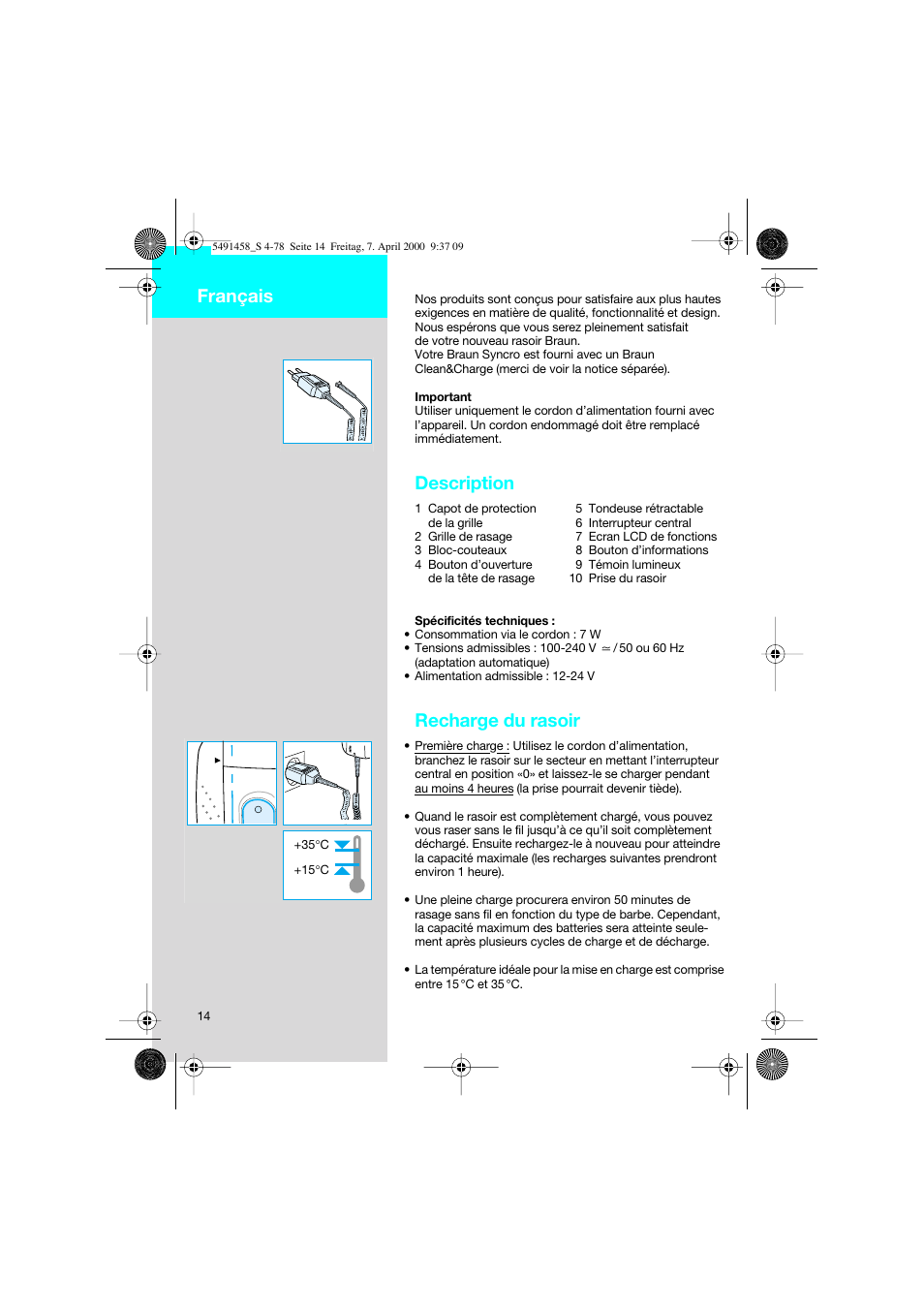 Français, Description, Recharge du rasoir | Braun 7570 Syncro System User Manual | Page 14 / 76