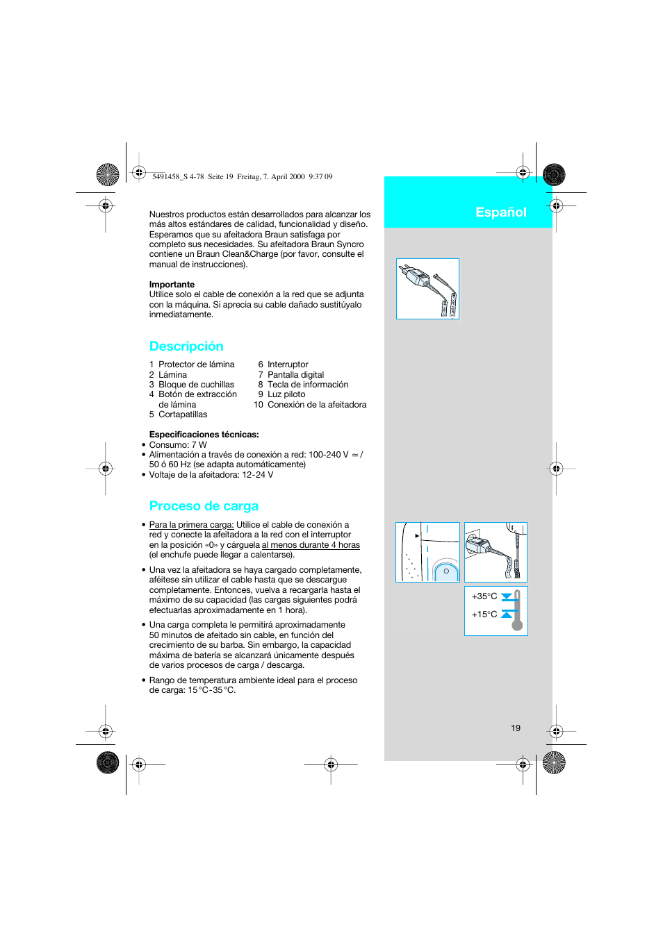 Español, Descripción, Proceso de carga | Braun 7570 Syncro System User Manual | Page 19 / 76