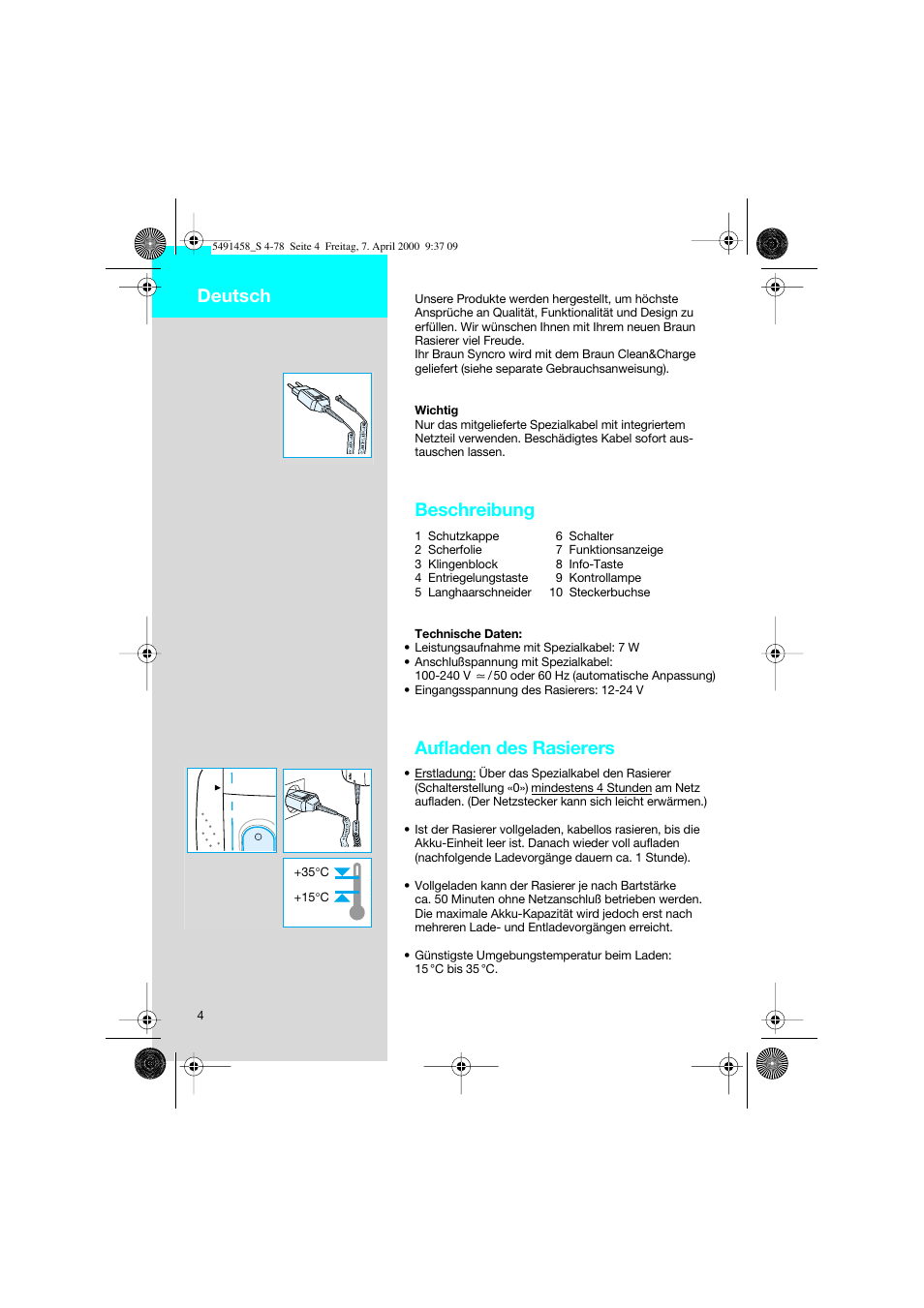 Deutsch, Beschreibung, Aufladen des rasierers | Braun 7570 Syncro System User Manual | Page 4 / 76