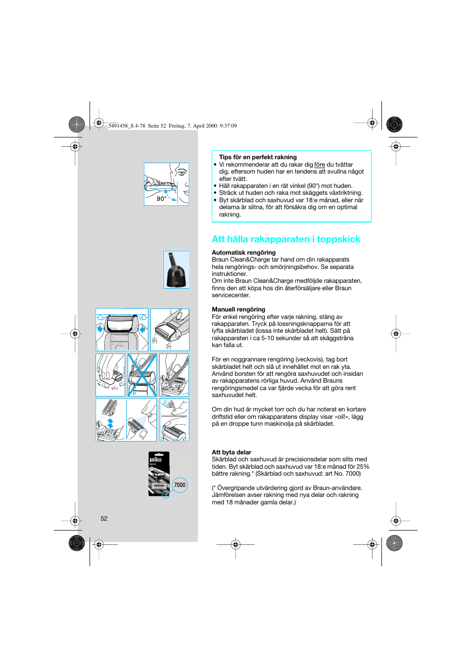 Att hålla rakapparaten i toppskick | Braun 7570 Syncro System User Manual | Page 52 / 76