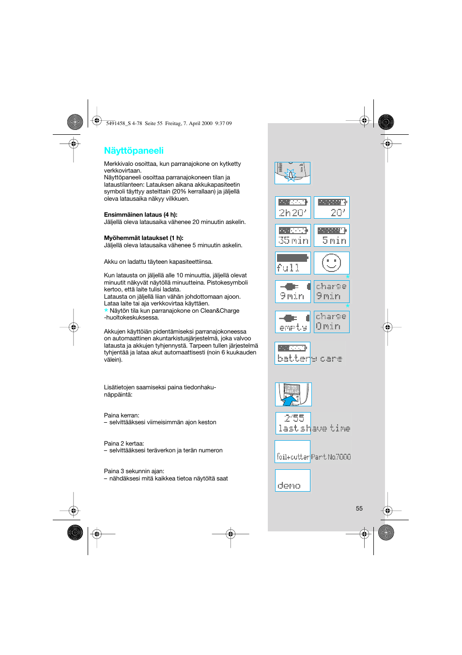 Näyttöpaneeli | Braun 7570 Syncro System User Manual | Page 55 / 76