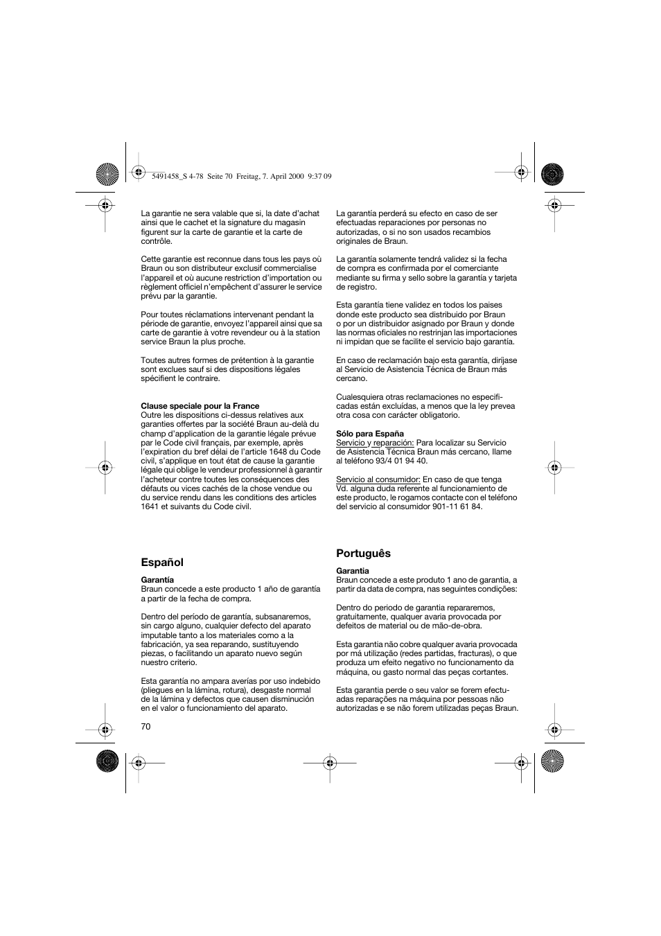 Español, Português | Braun 7570 Syncro System User Manual | Page 70 / 76