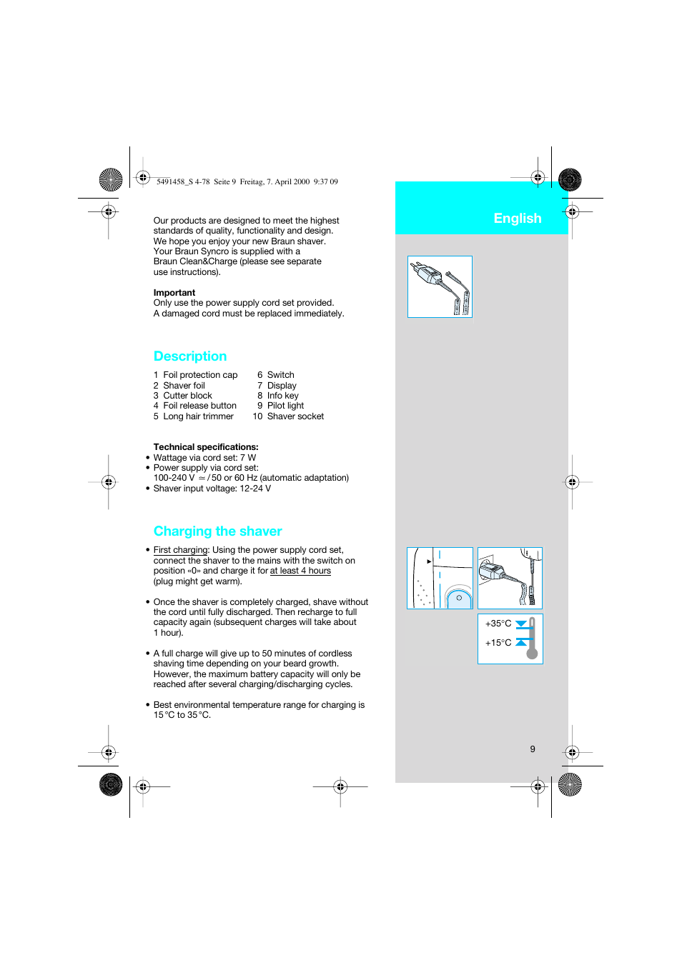English, Description, Charging the shaver | Braun 7570 Syncro System User Manual | Page 9 / 76