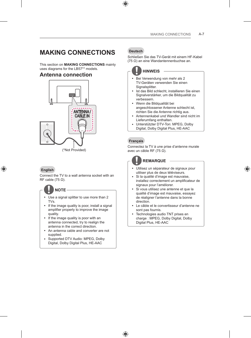 Eu_01_connection, Making connections, Antenna connection | LG 39LB5700 User Manual | Page 10 / 239