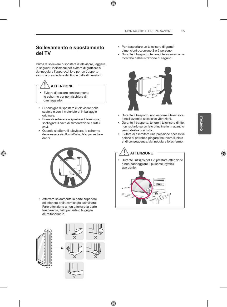 Sollevamento e spostamento del tv | LG 39LB5700 User Manual | Page 108 / 239