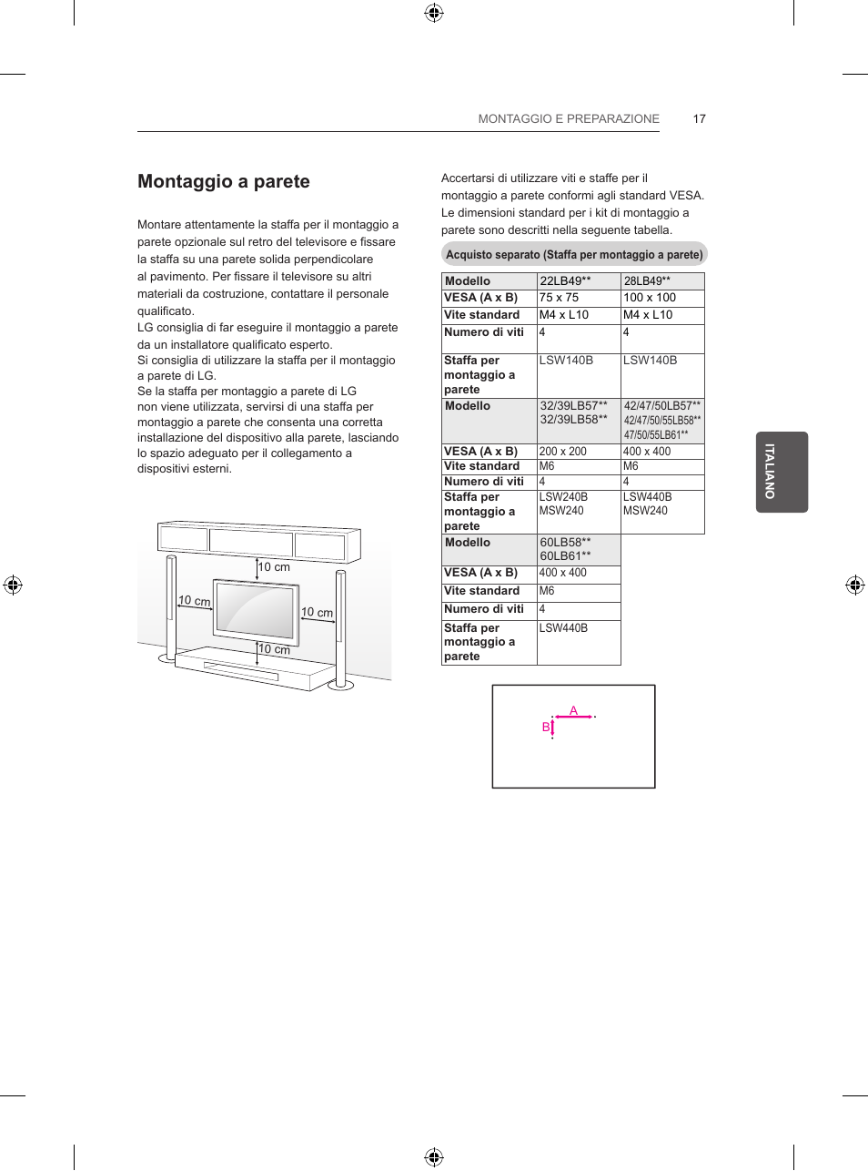 Montaggio a parete | LG 39LB5700 User Manual | Page 110 / 239