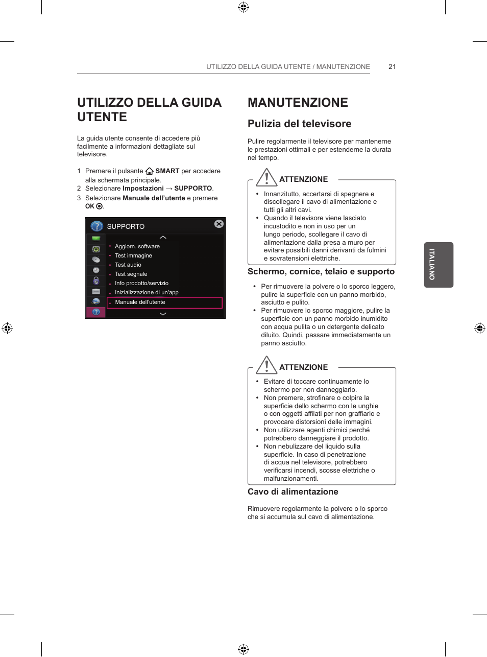 Utilizzo della guida utente, Manutenzione, Pulizia del televisore | LG 39LB5700 User Manual | Page 114 / 239