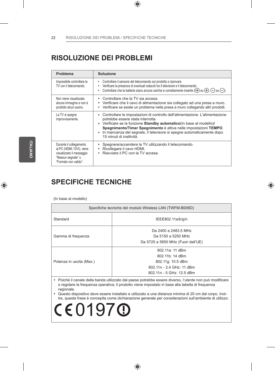 Risoluzione dei problemi, Specifiche tecniche | LG 39LB5700 User Manual | Page 115 / 239