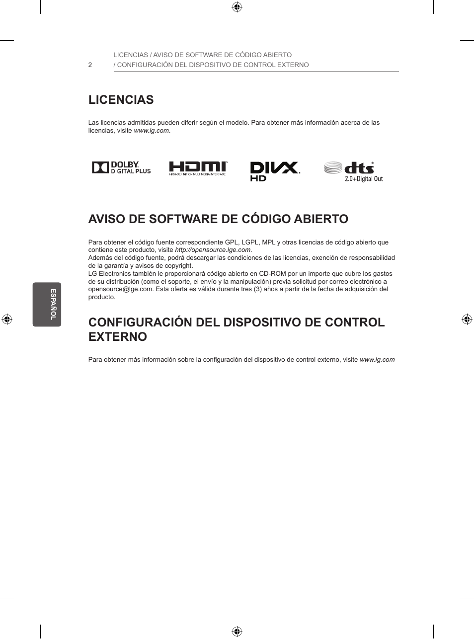 Licencias, Aviso de software de código abierto, Configuración del dispositivo de control externo | LG 39LB5700 User Manual | Page 125 / 239