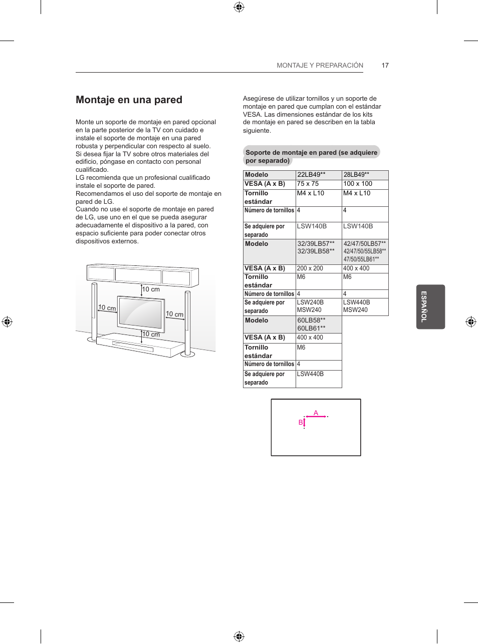 Montaje en una pared | LG 39LB5700 User Manual | Page 140 / 239