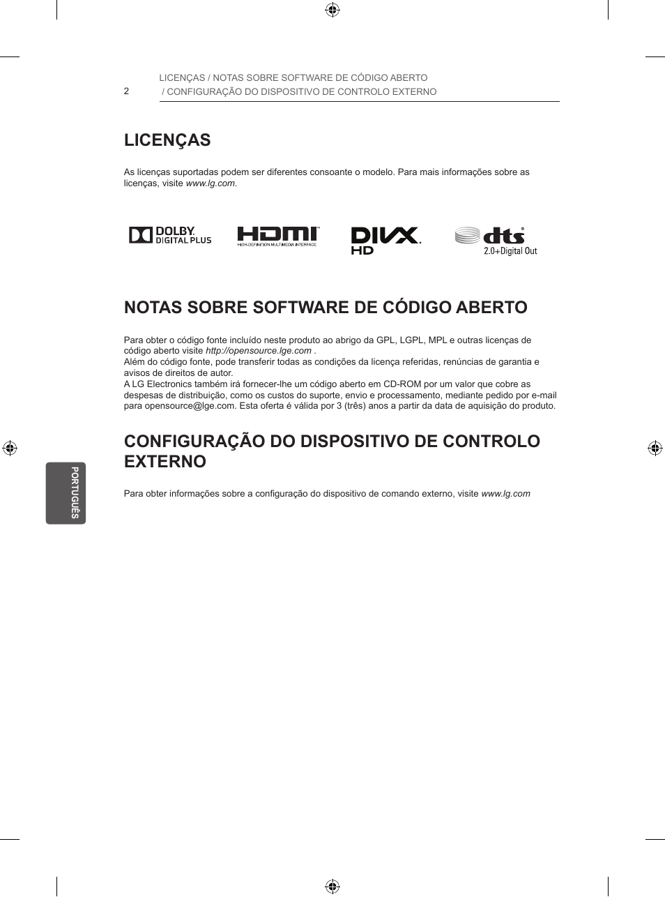 Licenças, Notas sobre software de código aberto, Configuração do dispositivo de controlo externo | LG 39LB5700 User Manual | Page 147 / 239
