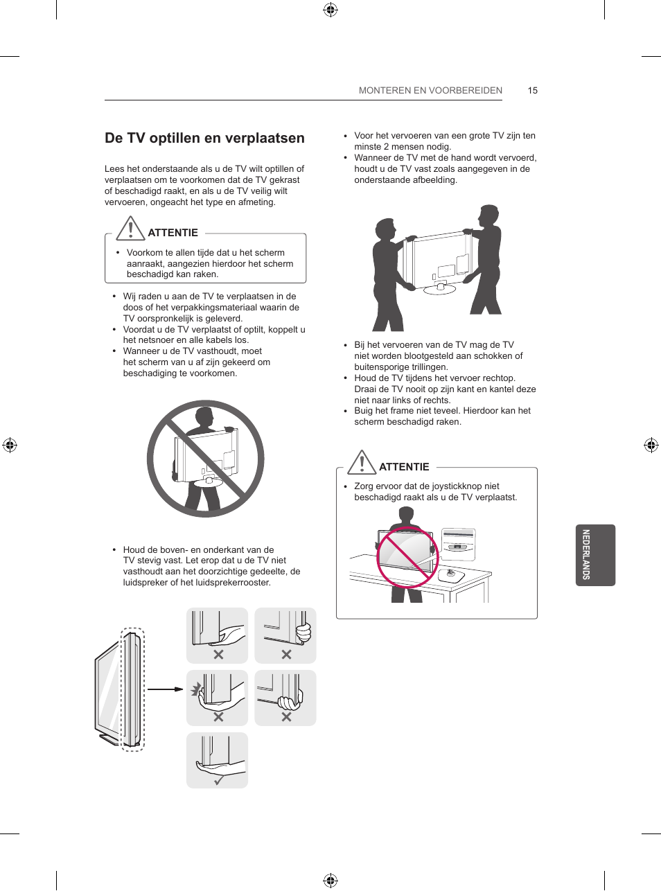 De tv optillen en verplaatsen | LG 39LB5700 User Manual | Page 182 / 239