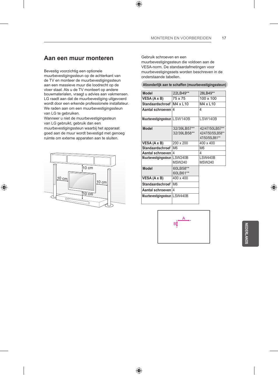 Aan een muur monteren | LG 39LB5700 User Manual | Page 184 / 239