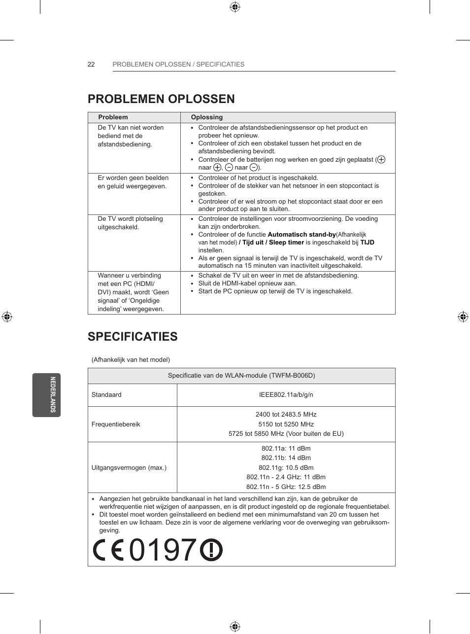 Problemen oplossen, Specificaties | LG 39LB5700 User Manual | Page 189 / 239