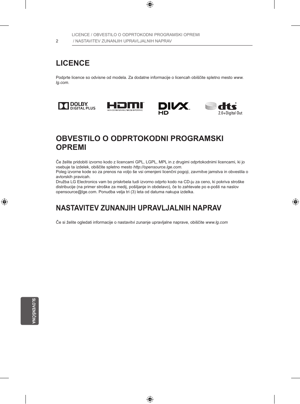 Licence, Obvestilo o odprtokodni programski opremi, Nastavitev zunanjih upravljalnih naprav | LG 39LB5700 User Manual | Page 213 / 239