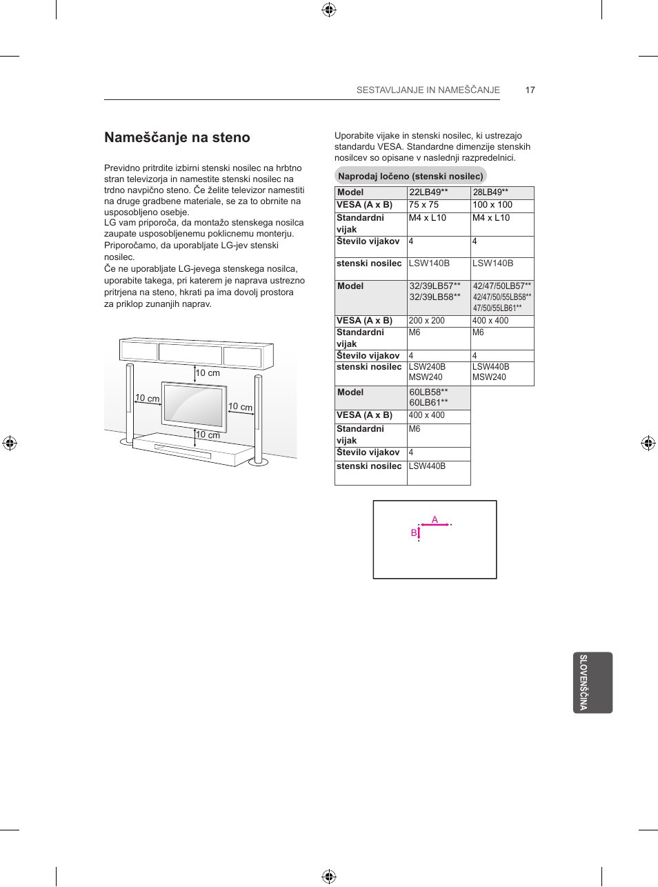 Nameščanje na steno | LG 39LB5700 User Manual | Page 228 / 239