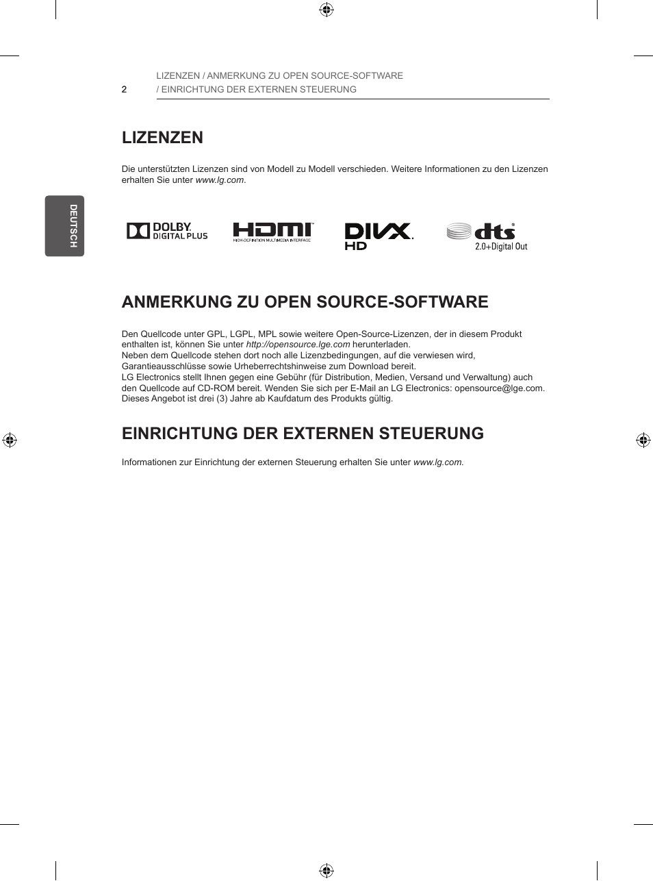 Lizenzen, Anmerkung zu open source-software, Einrichtung der externen steuerung | LG 39LB5700 User Manual | Page 51 / 239