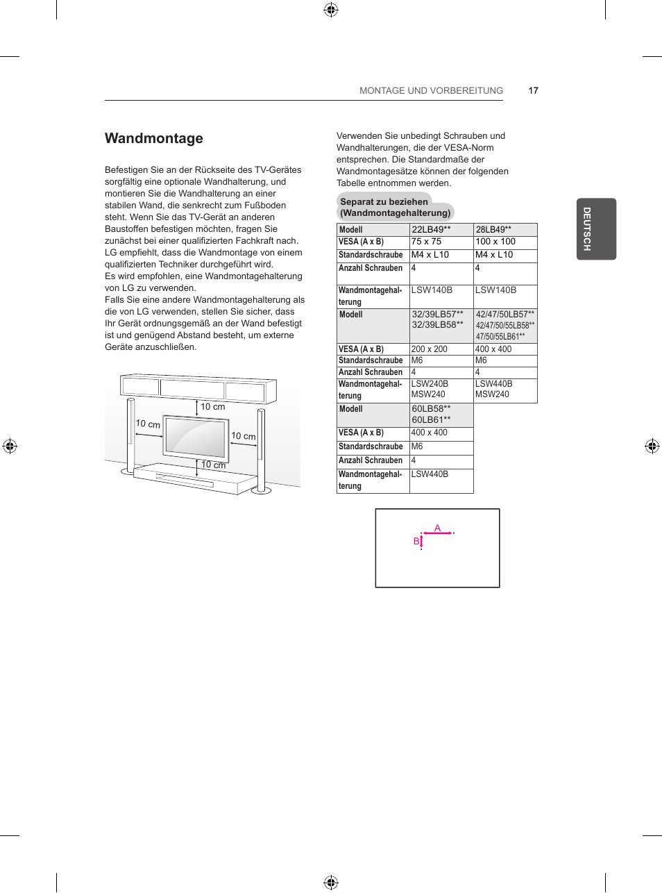 Wandmontage | LG 39LB5700 User Manual | Page 66 / 239