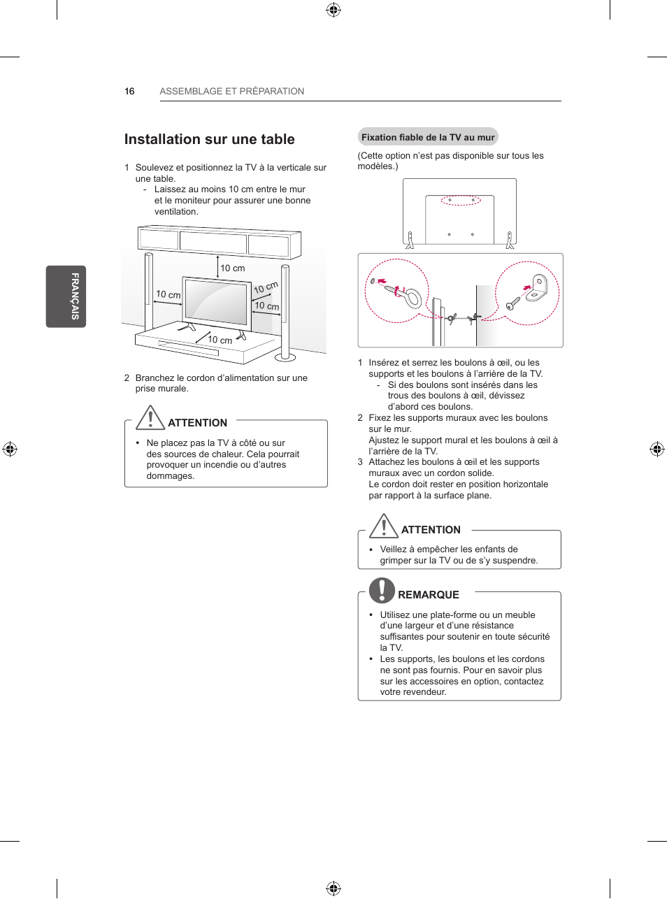 Installation sur une table | LG 39LB5700 User Manual | Page 87 / 239