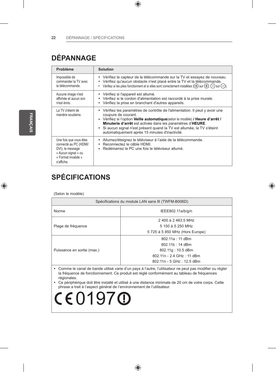 Dépannage, Spécifications | LG 39LB5700 User Manual | Page 93 / 239