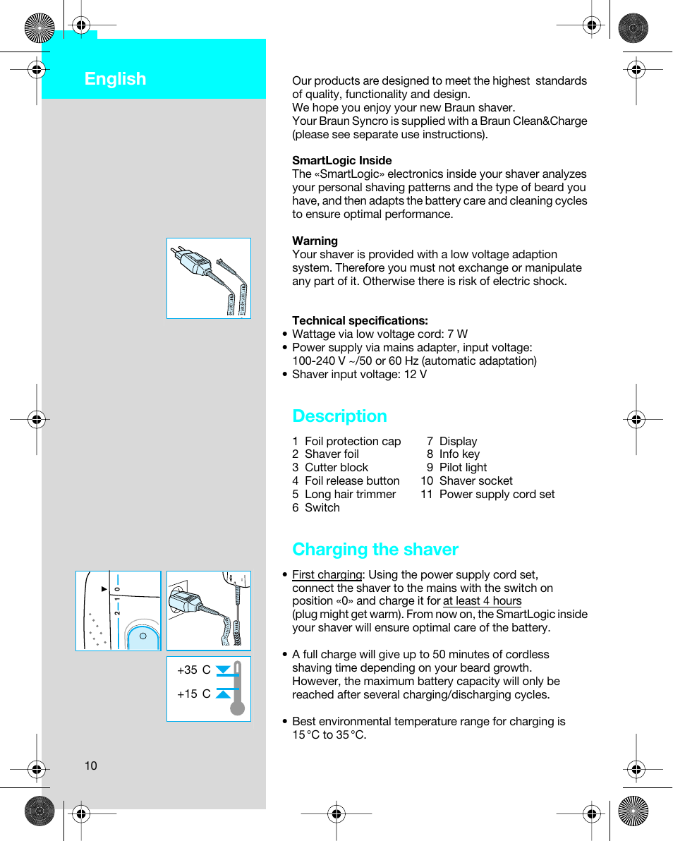 English, Description, Charging the shaver | Braun 7680 Syncro System Logic User Manual | Page 10 / 79