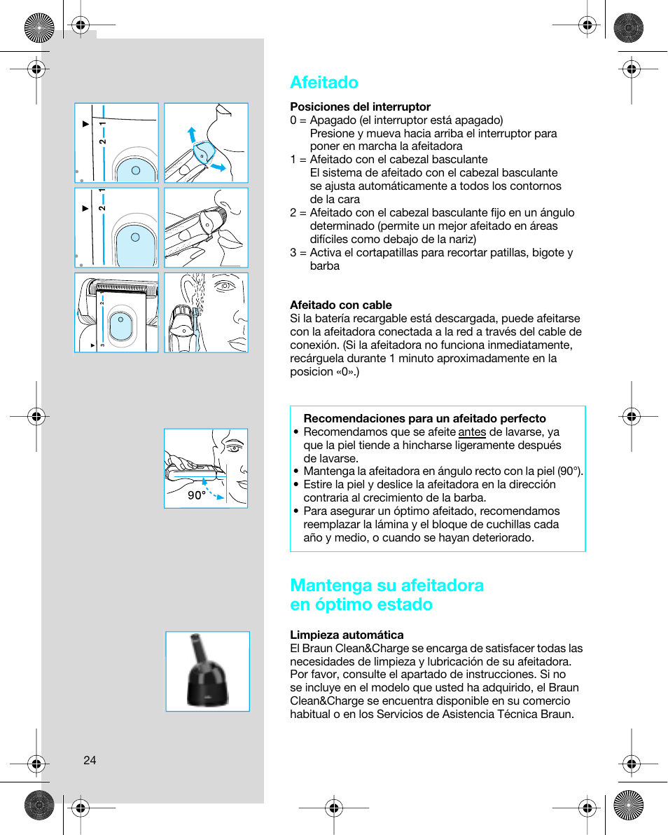 Afeitado, Mantenga su afeitadora en óptimo estado | Braun 7680 Syncro System Logic User Manual | Page 24 / 79