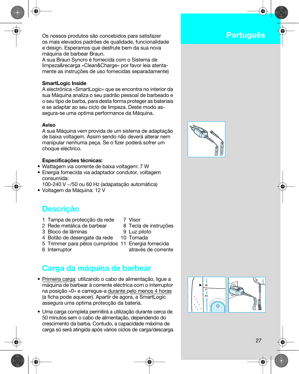 Português, Descrição, Carga da máquina de barbear | Braun 7680 Syncro System Logic User Manual | Page 27 / 79