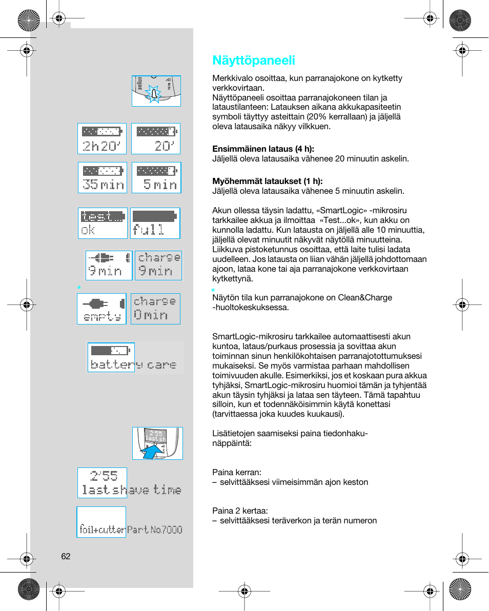 Näyttöpaneeli | Braun 7680 Syncro System Logic User Manual | Page 62 / 79