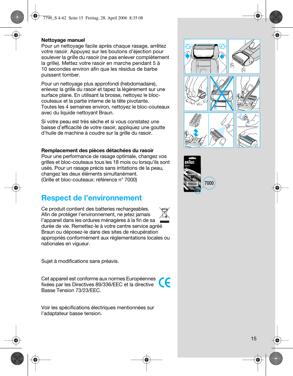 Respect de l’environnement | Braun 7785 SyncroPro User Manual | Page 15 / 60