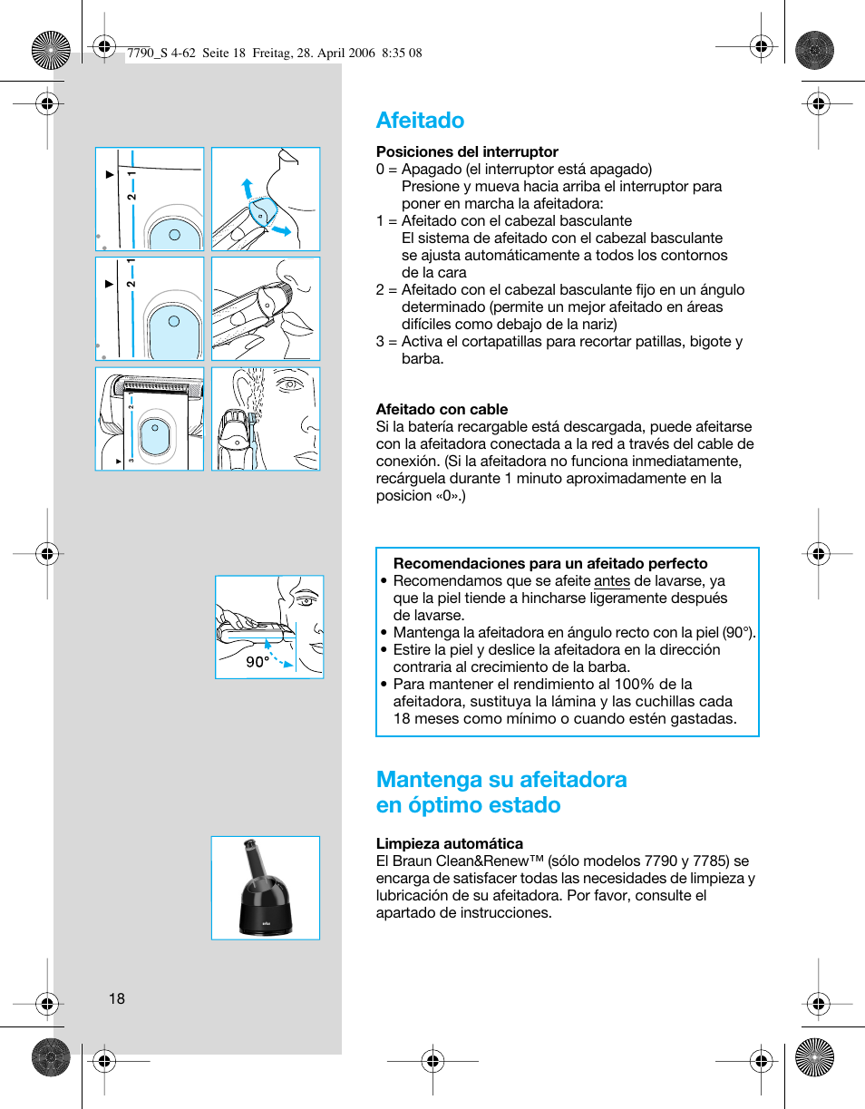 Afeitado, Mantenga su afeitadora en óptimo estado | Braun 7785 SyncroPro User Manual | Page 18 / 60