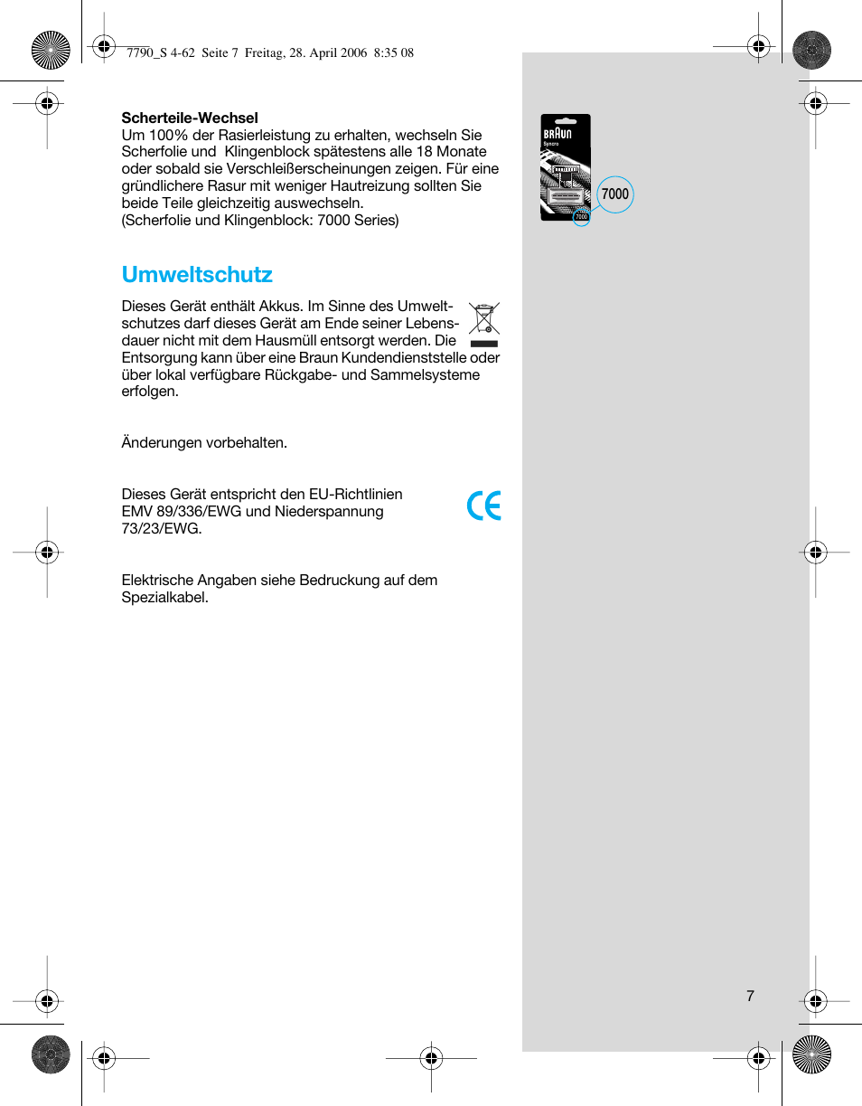 Umweltschutz | Braun 7785 SyncroPro User Manual | Page 7 / 60