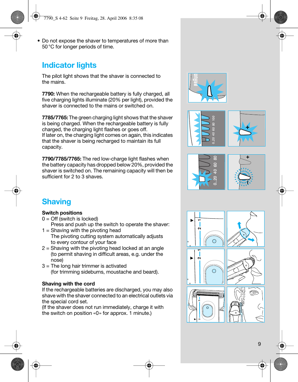 Indicator lights, Shaving | Braun 7785 SyncroPro User Manual | Page 9 / 60