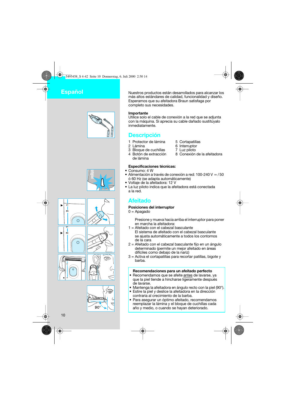 Español, Descripción, Afeitado | Braun 7015 cord User Manual | Page 10 / 38