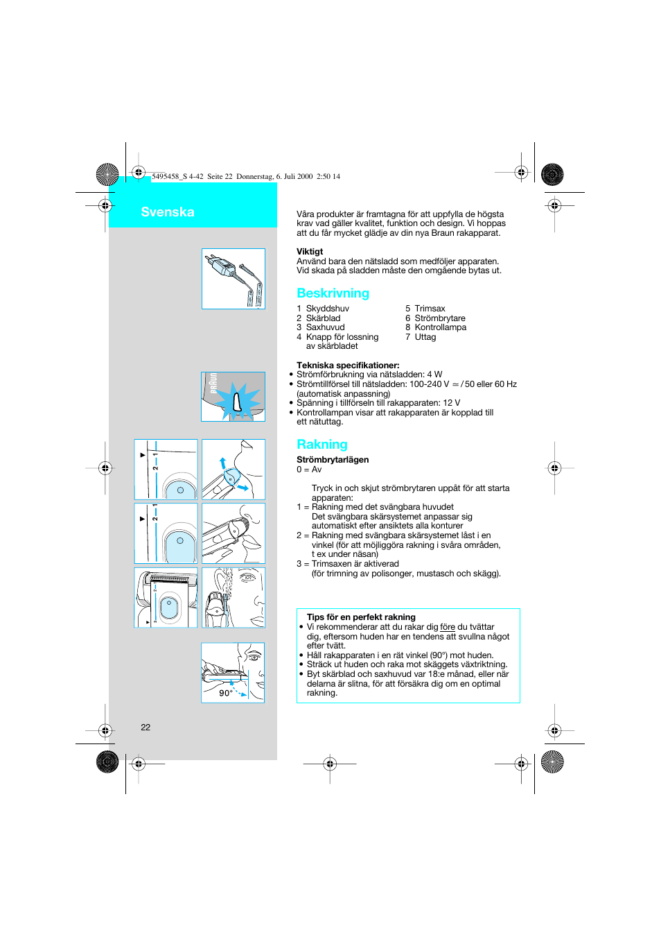 Svenska, Beskrivning, Rakning | Braun 7015 cord User Manual | Page 22 / 38