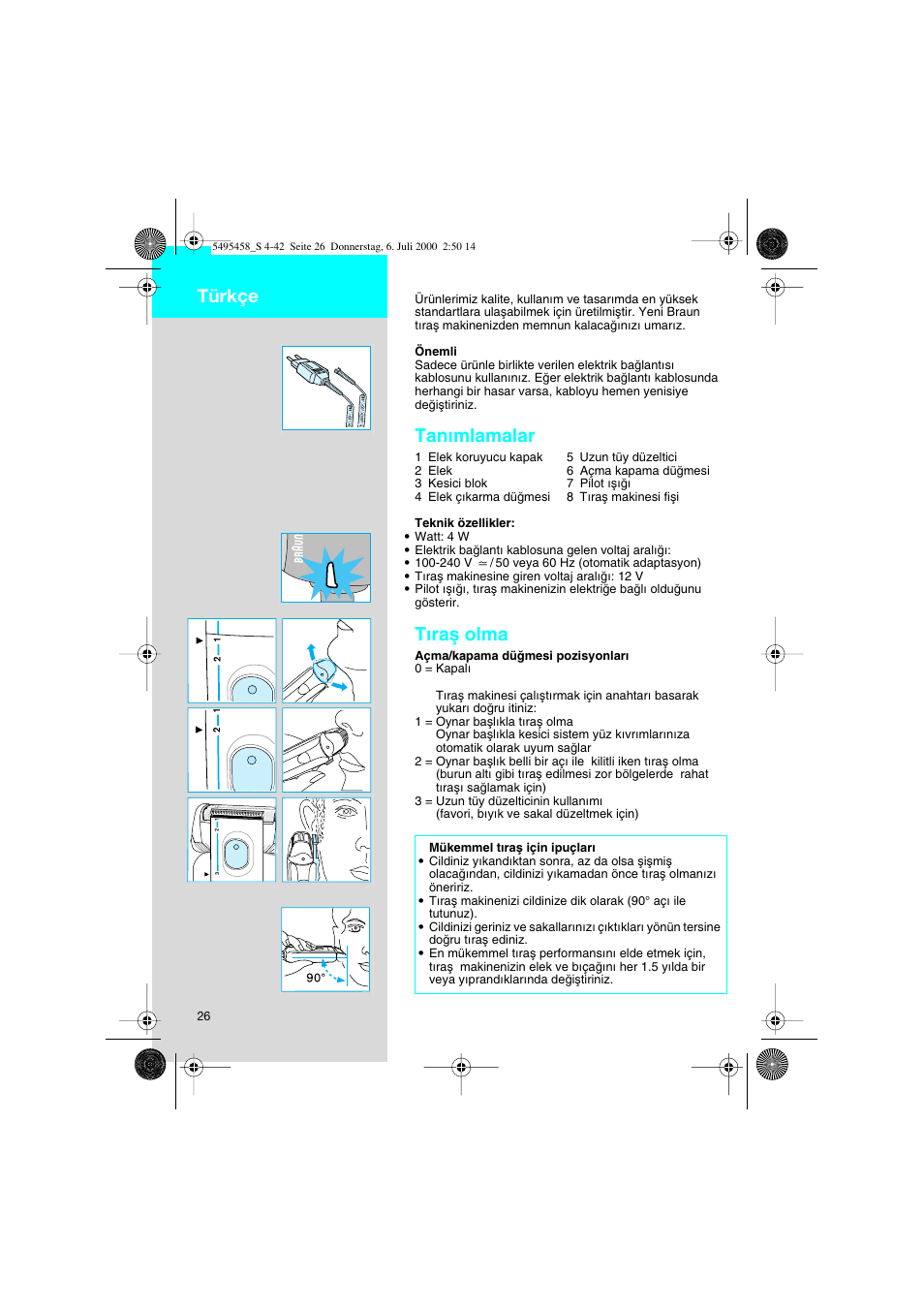Türkçe, Tanımlamalar, Tıraµ olma | Braun 7015 cord User Manual | Page 26 / 38