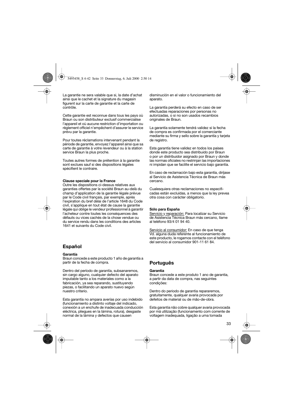 Español, Português | Braun 7015 cord User Manual | Page 32 / 38