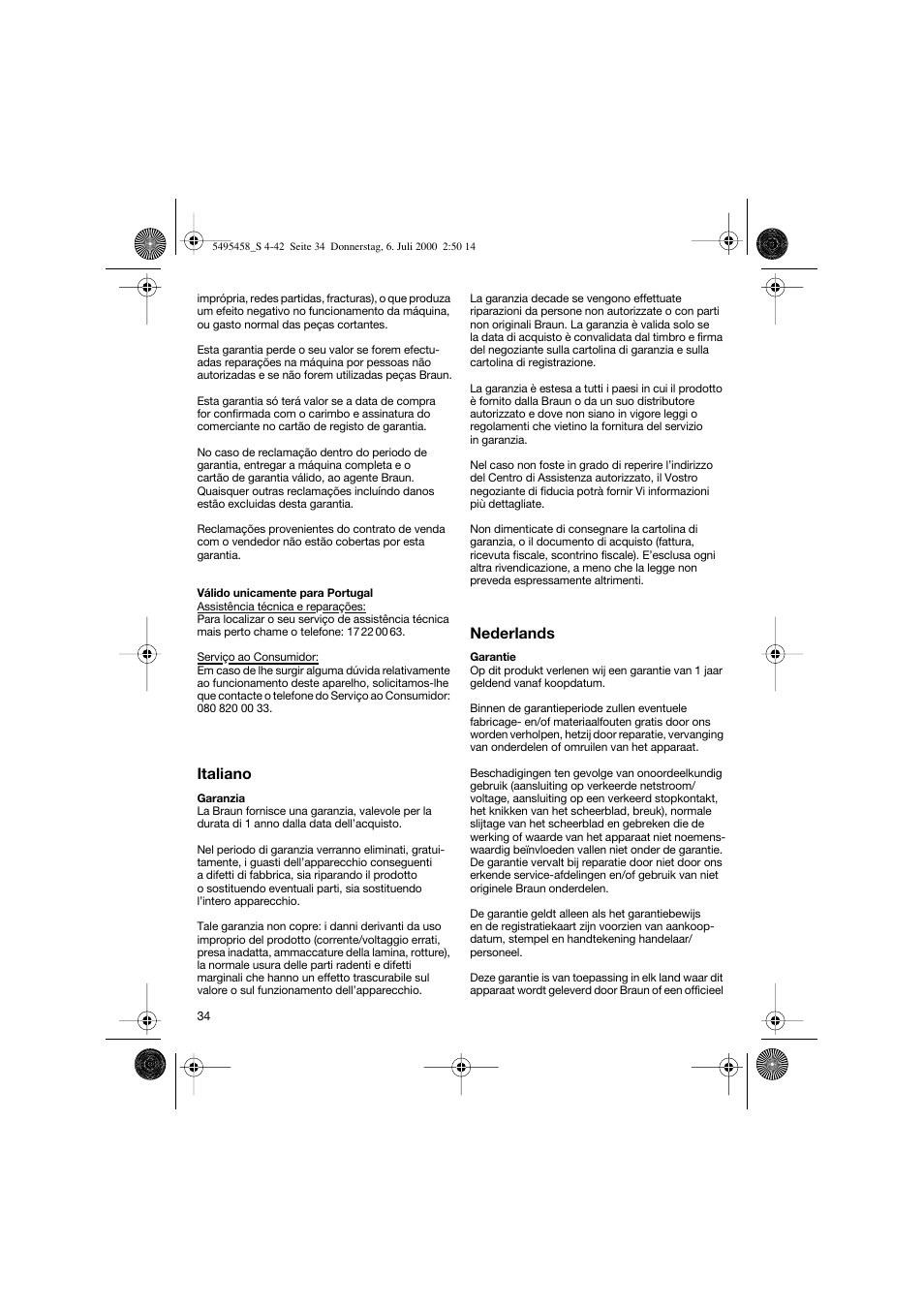 Italiano, Nederlands | Braun 7015 cord User Manual | Page 33 / 38