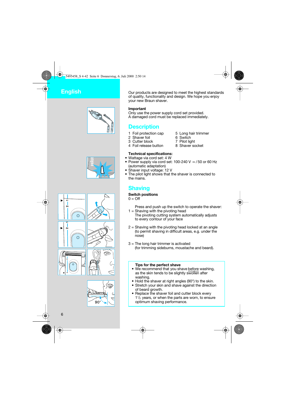 English, Description, Shaving | Braun 7015 cord User Manual | Page 6 / 38