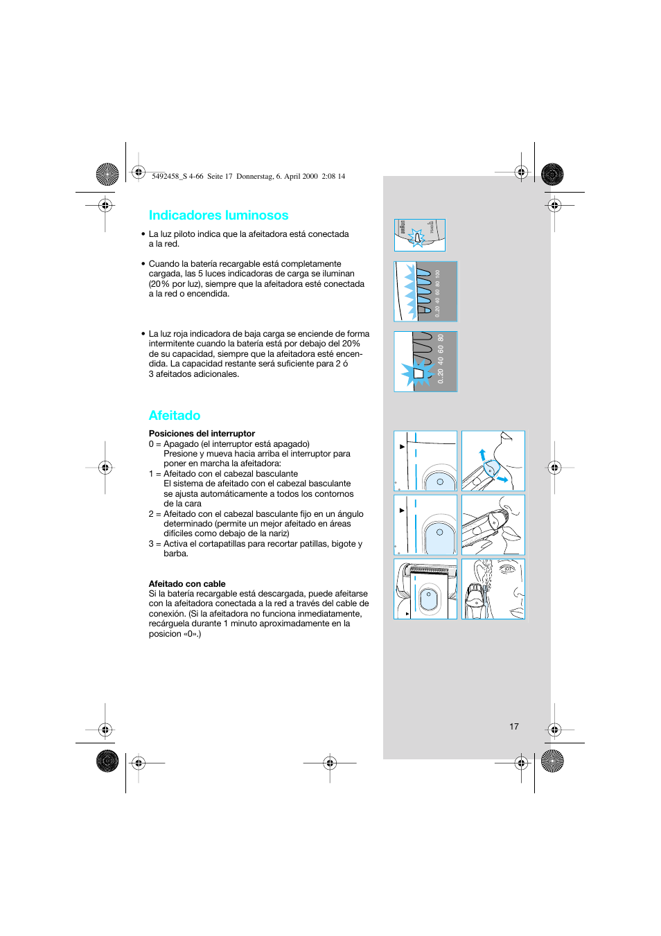 Indicadores luminosos, Afeitado | Braun 7540 Syncro User Manual | Page 17 / 63