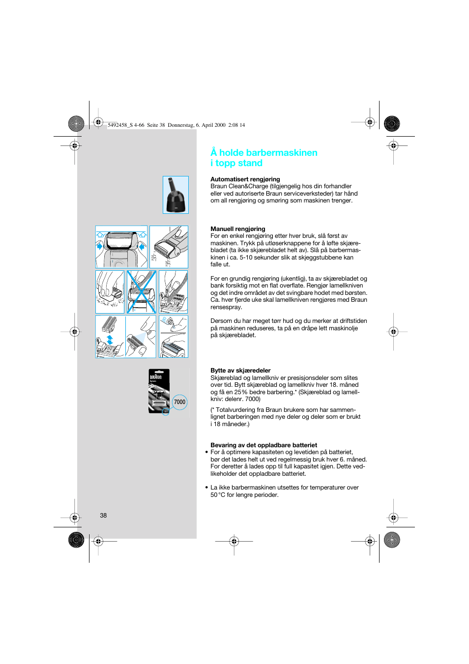 Å holde barbermaskinen i topp stand | Braun 7540 Syncro User Manual | Page 38 / 63