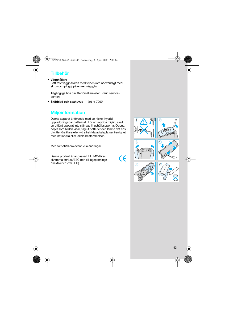 Tillbehör, Miljöinformation | Braun 7540 Syncro User Manual | Page 43 / 63