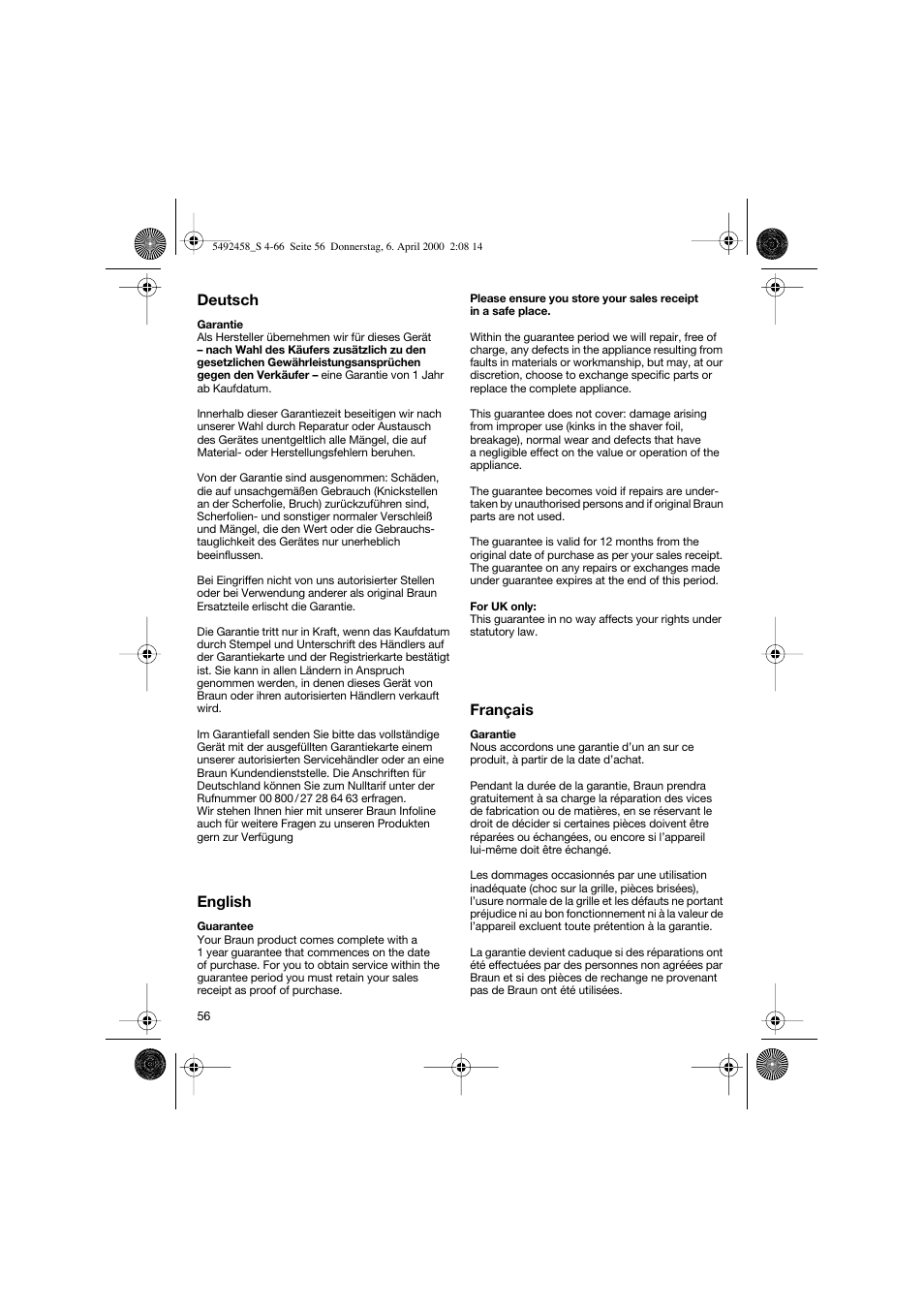 Deutsch, English, Français | Braun 7540 Syncro User Manual | Page 56 / 63