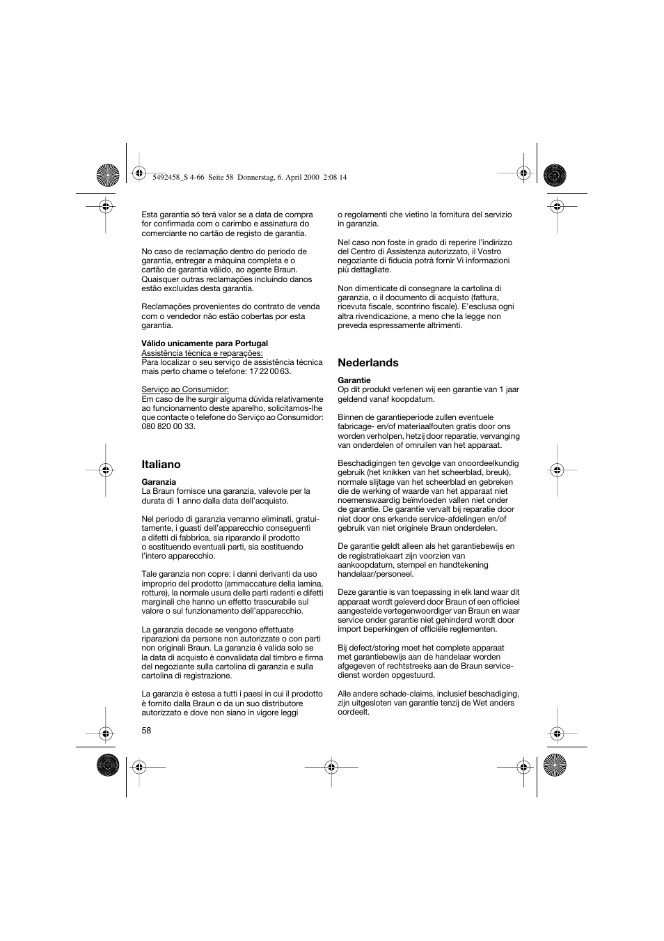 Italiano, Nederlands | Braun 7540 Syncro User Manual | Page 58 / 63