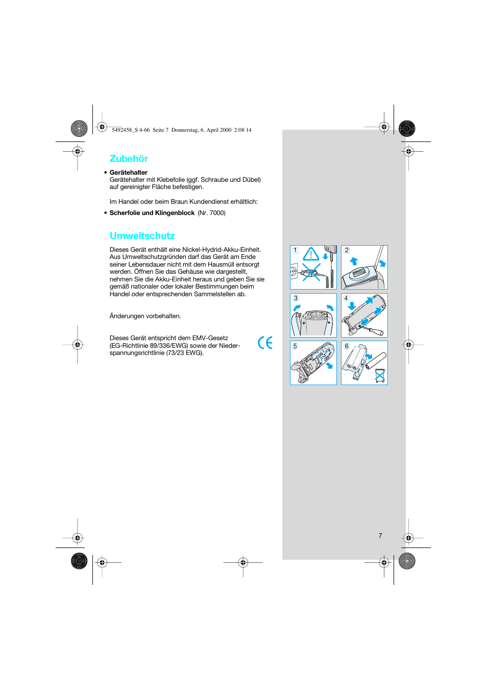 Zubehör, Umweltschutz | Braun 7540 Syncro User Manual | Page 7 / 63